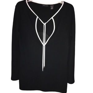 NEW YORK & COMPANY Pullover Tunic Top Black with White Trim & Tie String Size M